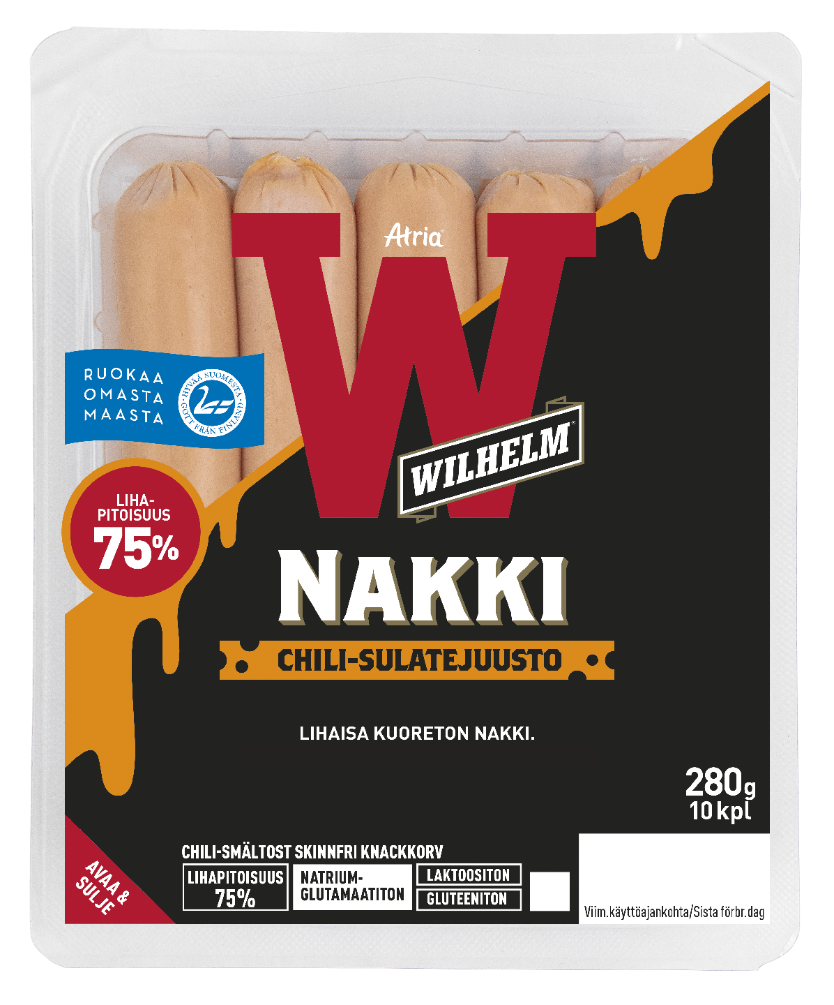 Atria Wilhelm Werneri Chili-sulatejuusto Kuoreton Nakki 280g