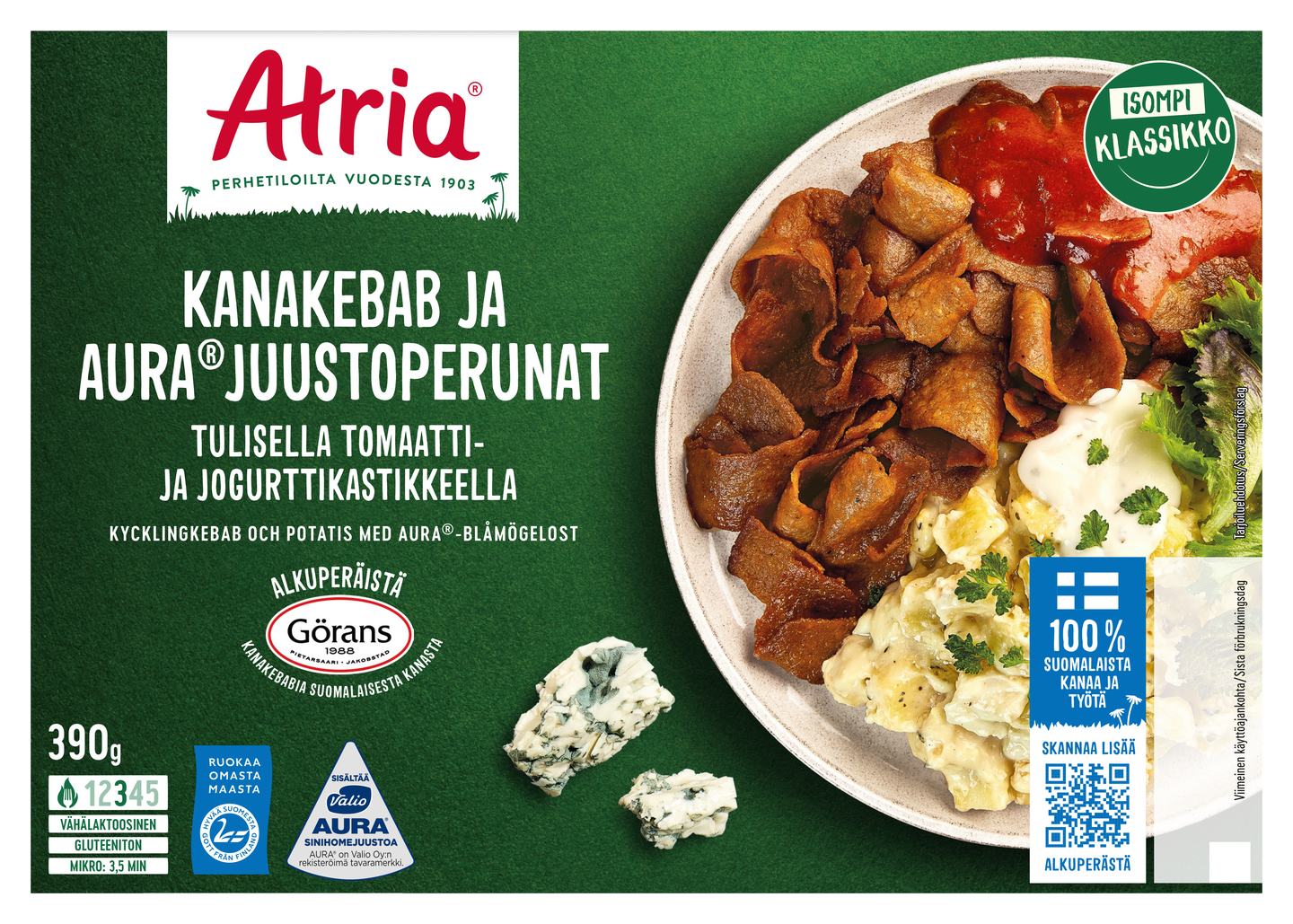 Atria kanakebab ja aurajuustoperunat 390g