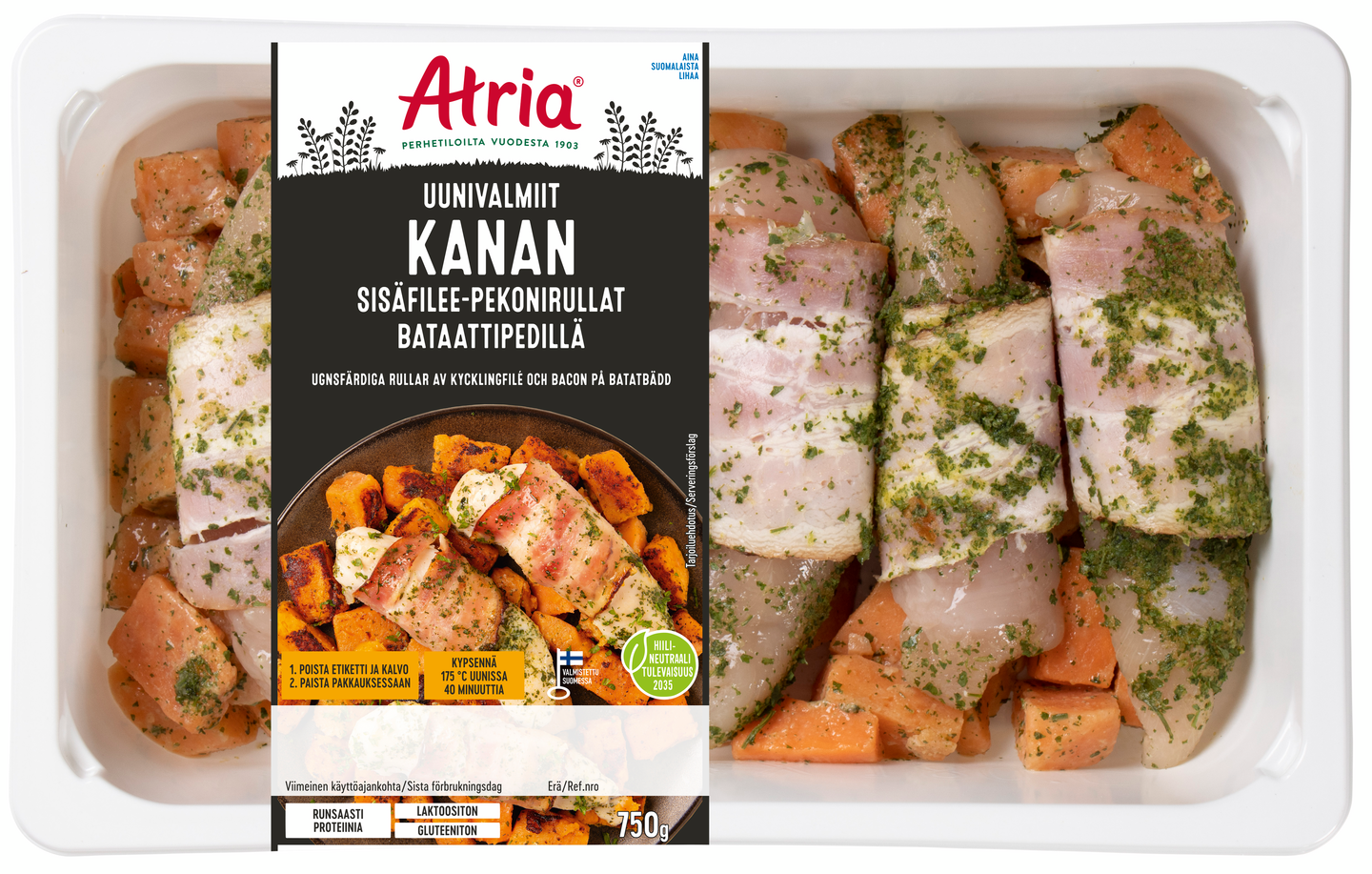Atria Bravuuri 750g Uunivalmiit Kanan Sisäfilee-pekonirullat Bataattipedillä
