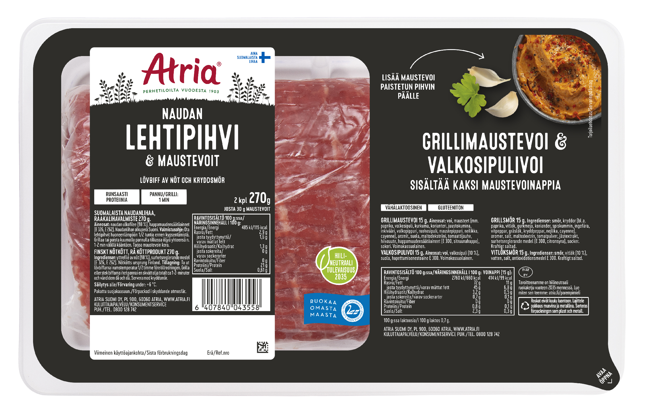 Atria naudan lehtipihvi ja maustevoit 2kpl 270g