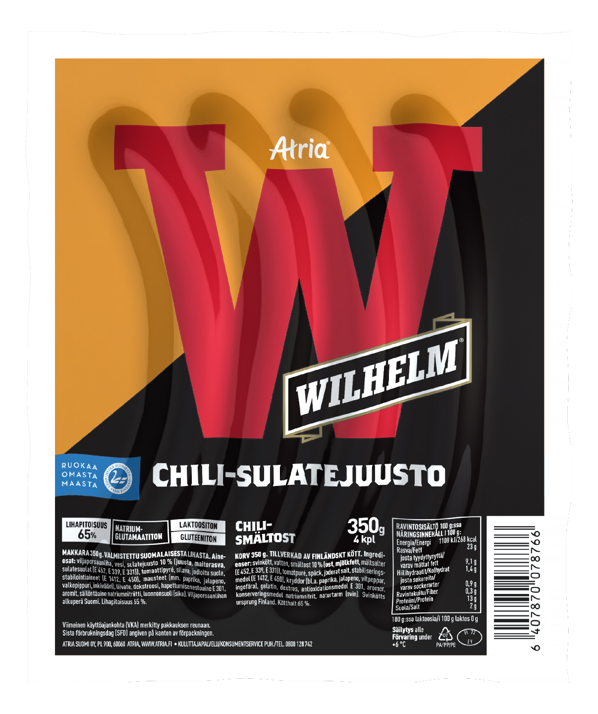 Atria Wilhelm chili-sulatejuusto grillimakkara 350g