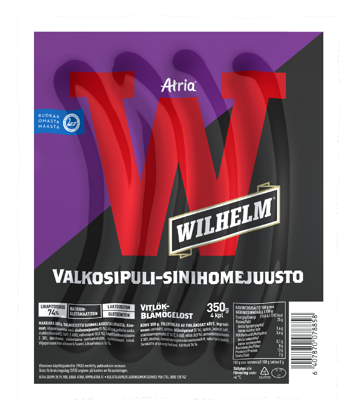 Atria Wilhelm Valkosipuli-sinihomejuusto grillimakkara 350g