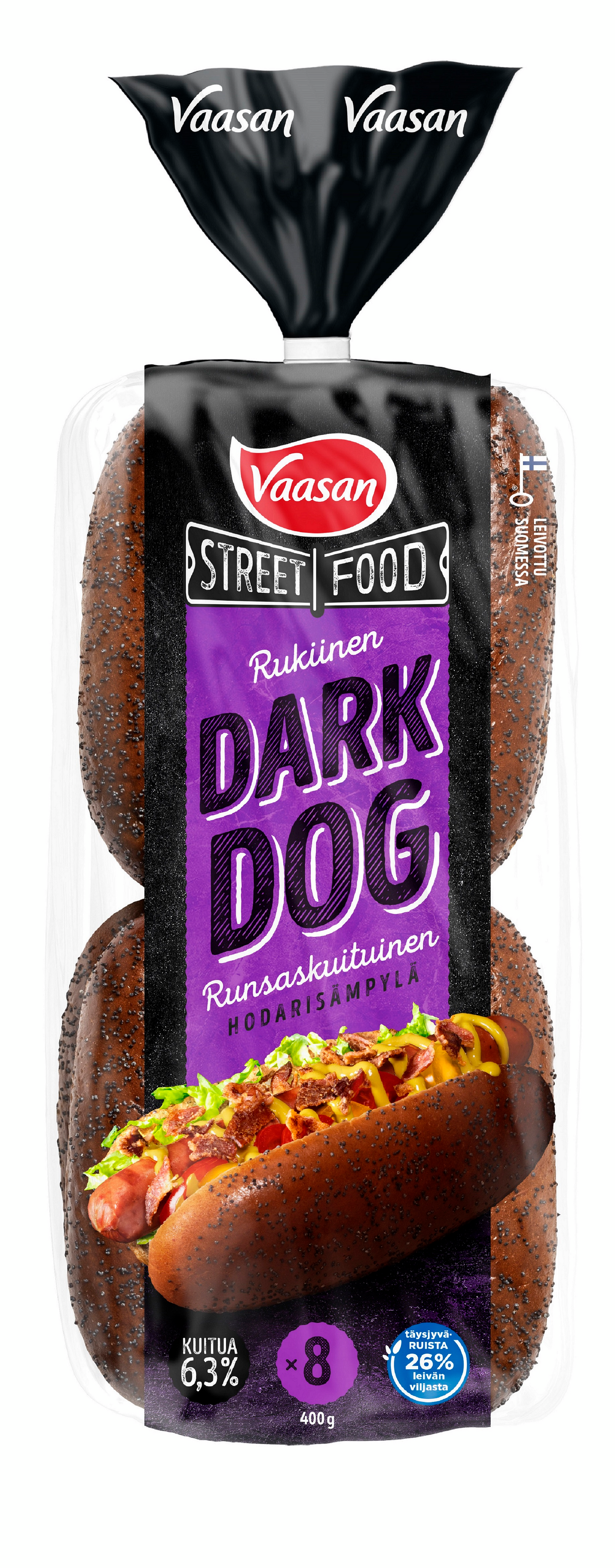 Vaasan dark dog rukiinen hot dog sämpylä 8kpl/400g