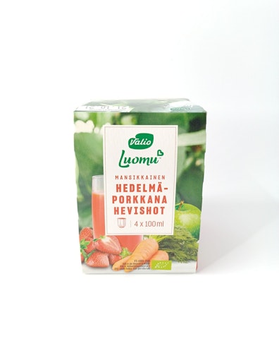 Valio Luomu mansikkainen hedelmä-porkkana hevishot 4 x 100 ml