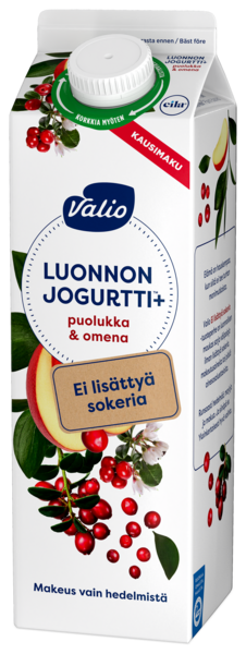 Valio Luonnonjogurtti+ 1kg puolukka-omena ei lisättyä sokeria laktoositon