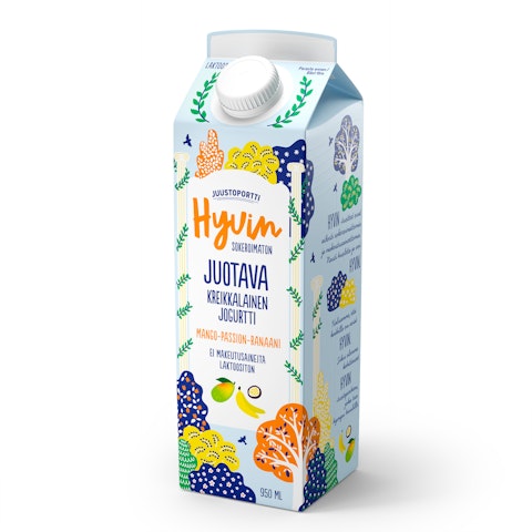 Juustoportti Hyvin sokeroimaton kreikkalainen juotava jogurtti 950ml mango-passion-banaani laktoosit