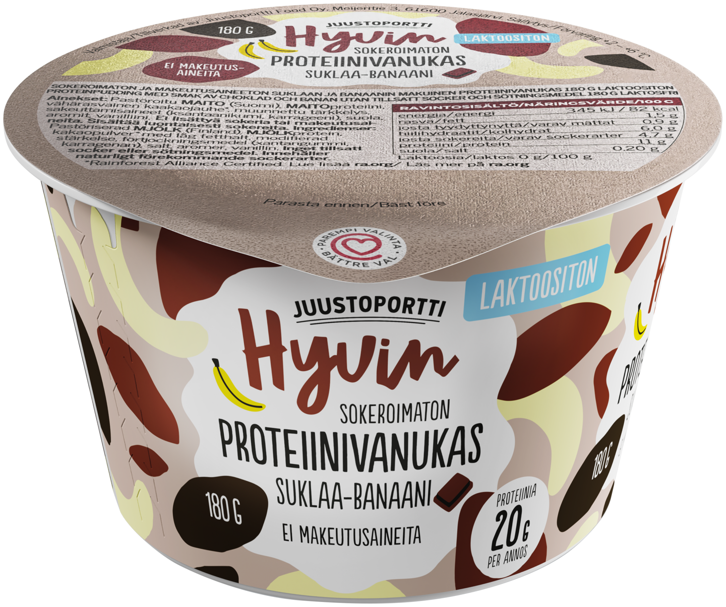 Juustoportti Hyvin sokeroimaton ja makeutusaineeton proteiinivanukas 180g banaani-suklaa laktoosito