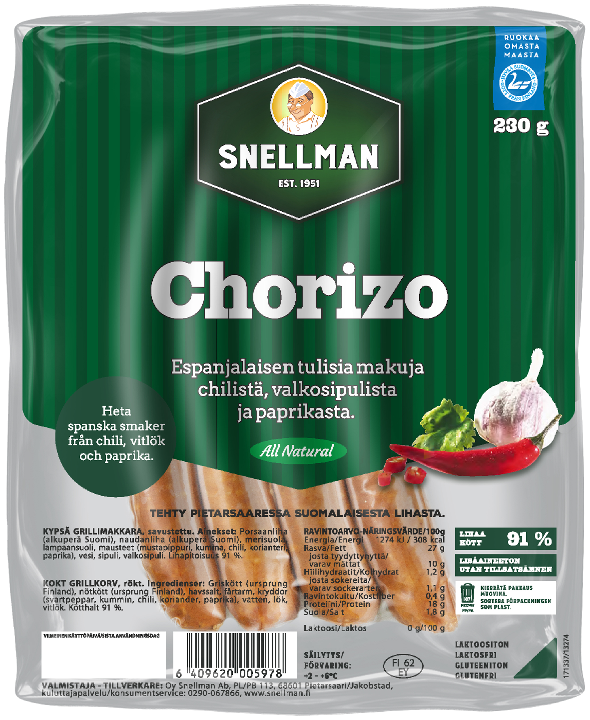 Snellman All Natural chorizo 230g