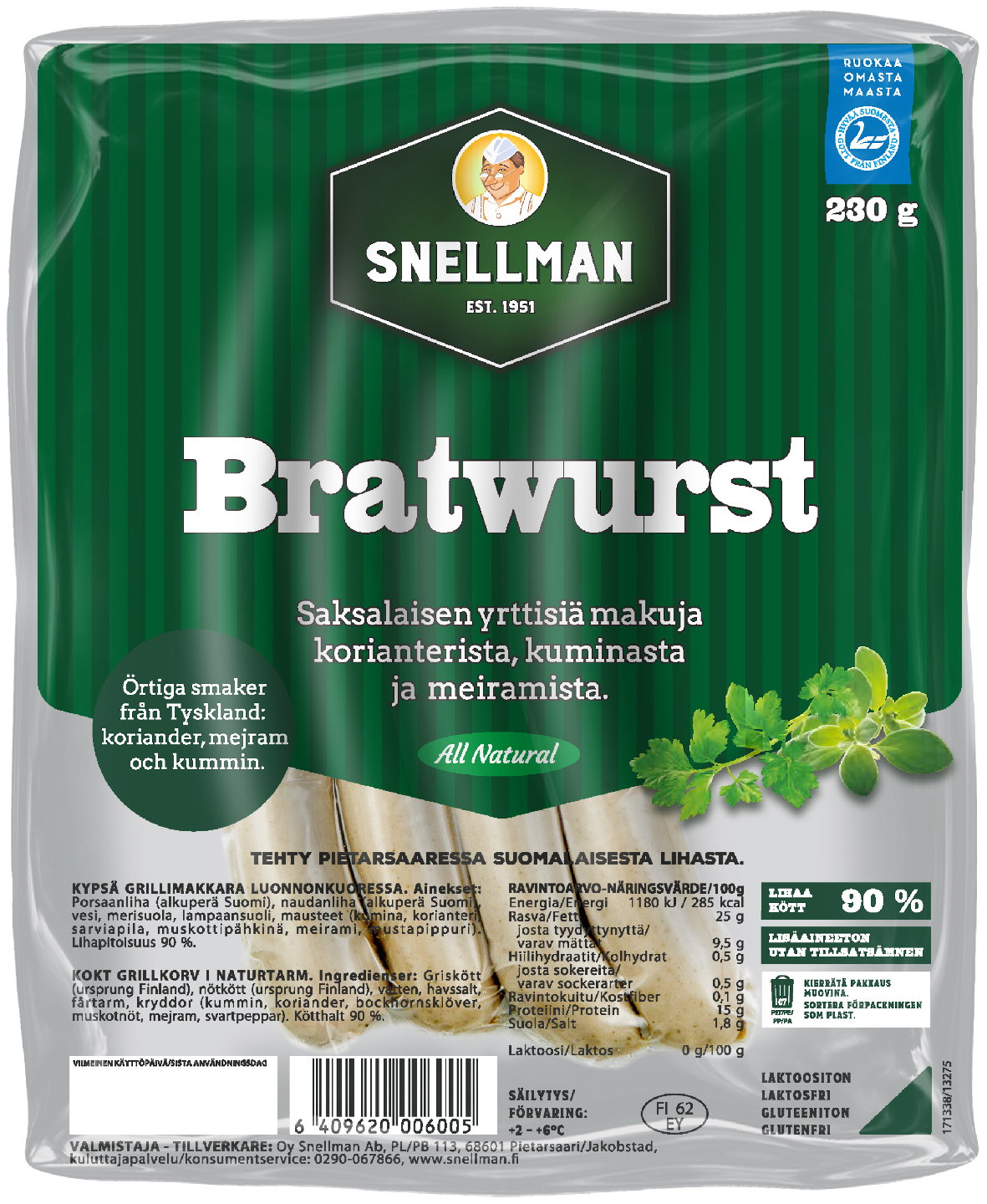 Snellman All Natural bratwurst 230g