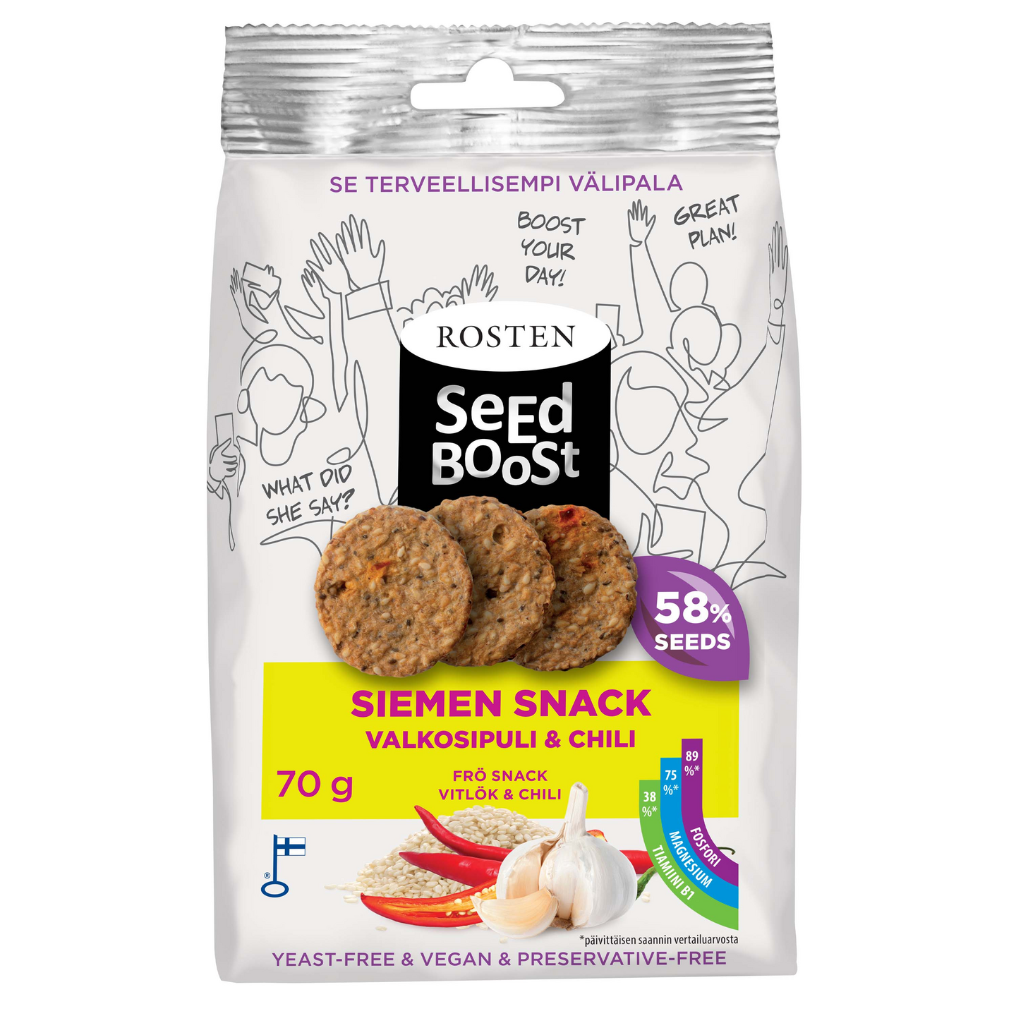 Rosten Seedboost Valkosipuli-Chili siemen snack 70 g | K-Ruoka Verkkokauppa