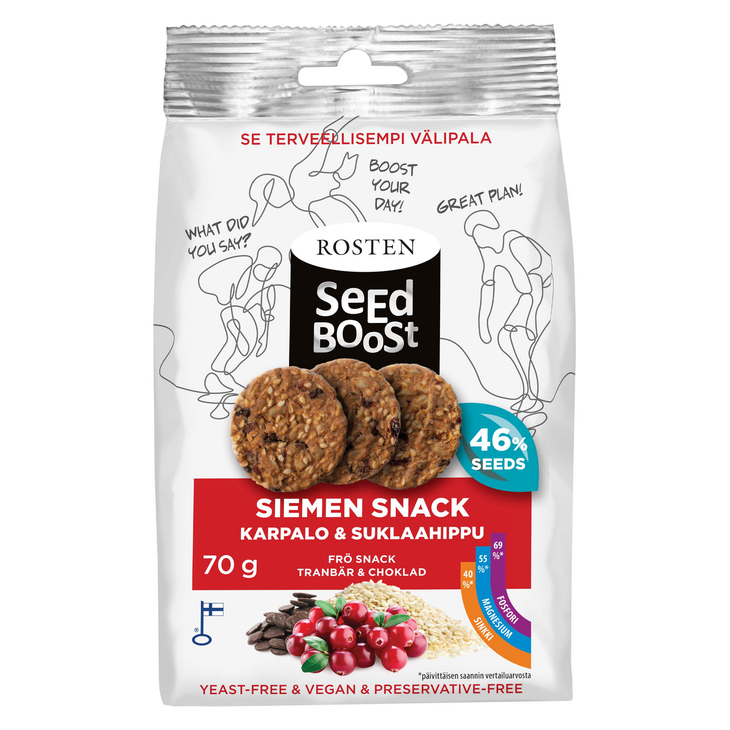 Rosten Seedboost Karpalo-Suklaahippu siemen snack 70 g