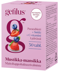 Gefilus mansikka-mustikka C+Sinkki maitohappobakteeri-vitamiinivalmiste purutabletti 30tabl ravintol