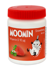 Moomin D-vitamin 10µg 100 tabl. Xylitol-Strawberry