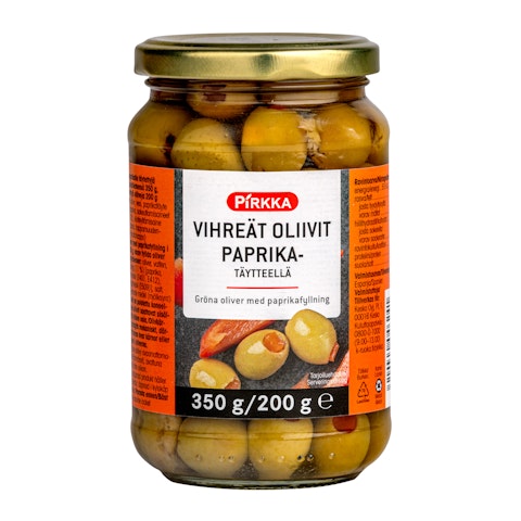 Pirkka vihreät oliivit paprikatäytteellä 350g/200g
