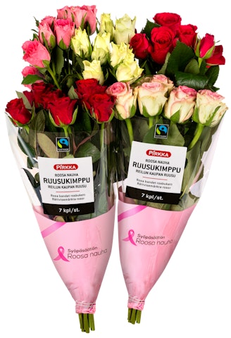 Pirkka Roosa nauha ruusukimppu Reilun kaupan ruusu 7 kpl