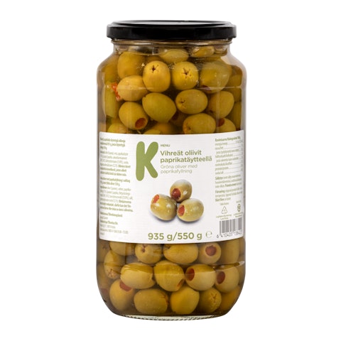K-Menu vihreät oliivit paprikatäytteellä 935g/550g