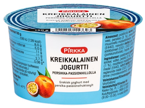 Pirkka kreikkalainen jogurtti persikka-passiohedelmähillolla 150g