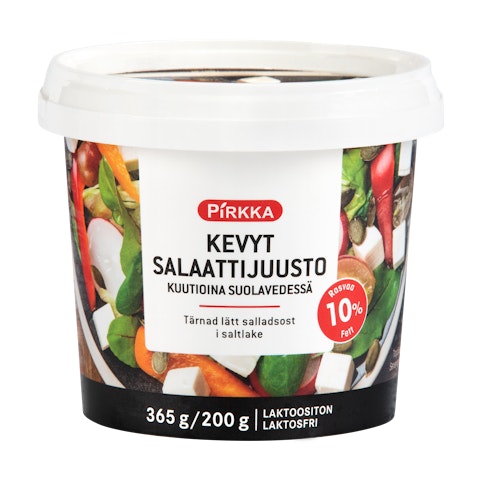 Pirkka kevyt salaattijuusto kuutioina suolavedessä 365g/200g laktoositon