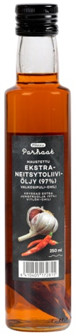 Pirkka Parhaat maustettu ekstraneitsytoliiviöljy (97 %) valkosipuli-chili 250ml