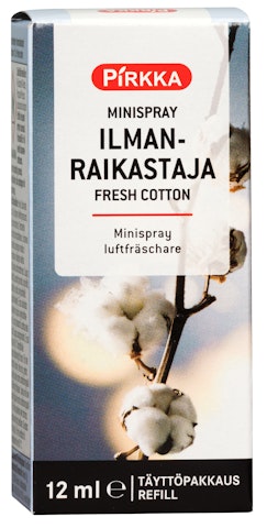 Pirkka minispray ilmanraikastaja fresh cotton 12ml täyttöpakkaus