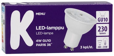 K-Menu LED-lamppu 4W GU10 PAR16 36 230lm 3kpl