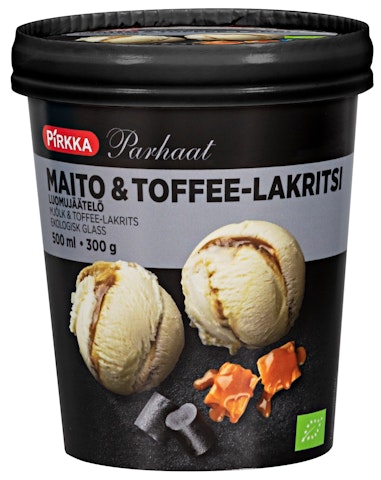 Pirkka Parhaat maito & toffee-lakritsi luomujäätelö 500ml/300g