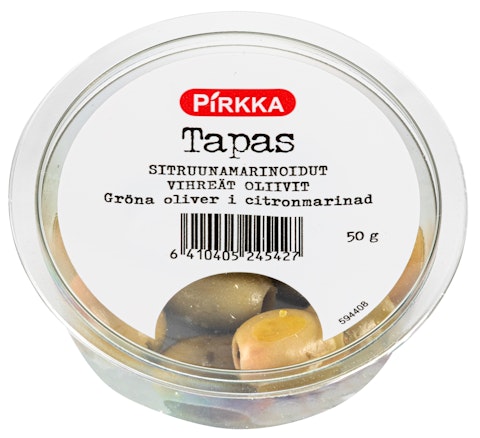 Pirkka Tapas sitruunamarinoidut vihreät oliivit 50g