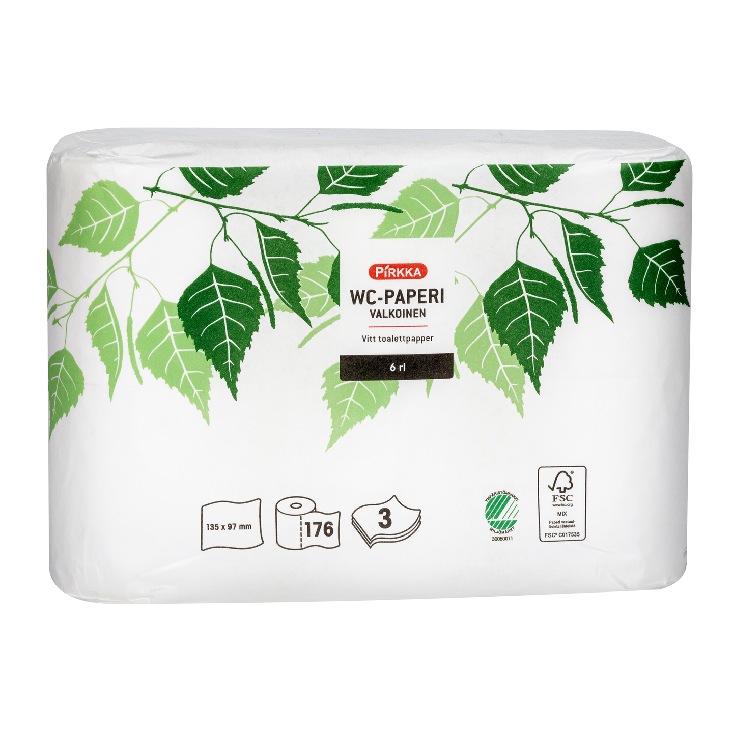 Pirkka wc-paperi paperipakkauksessa 6 rl