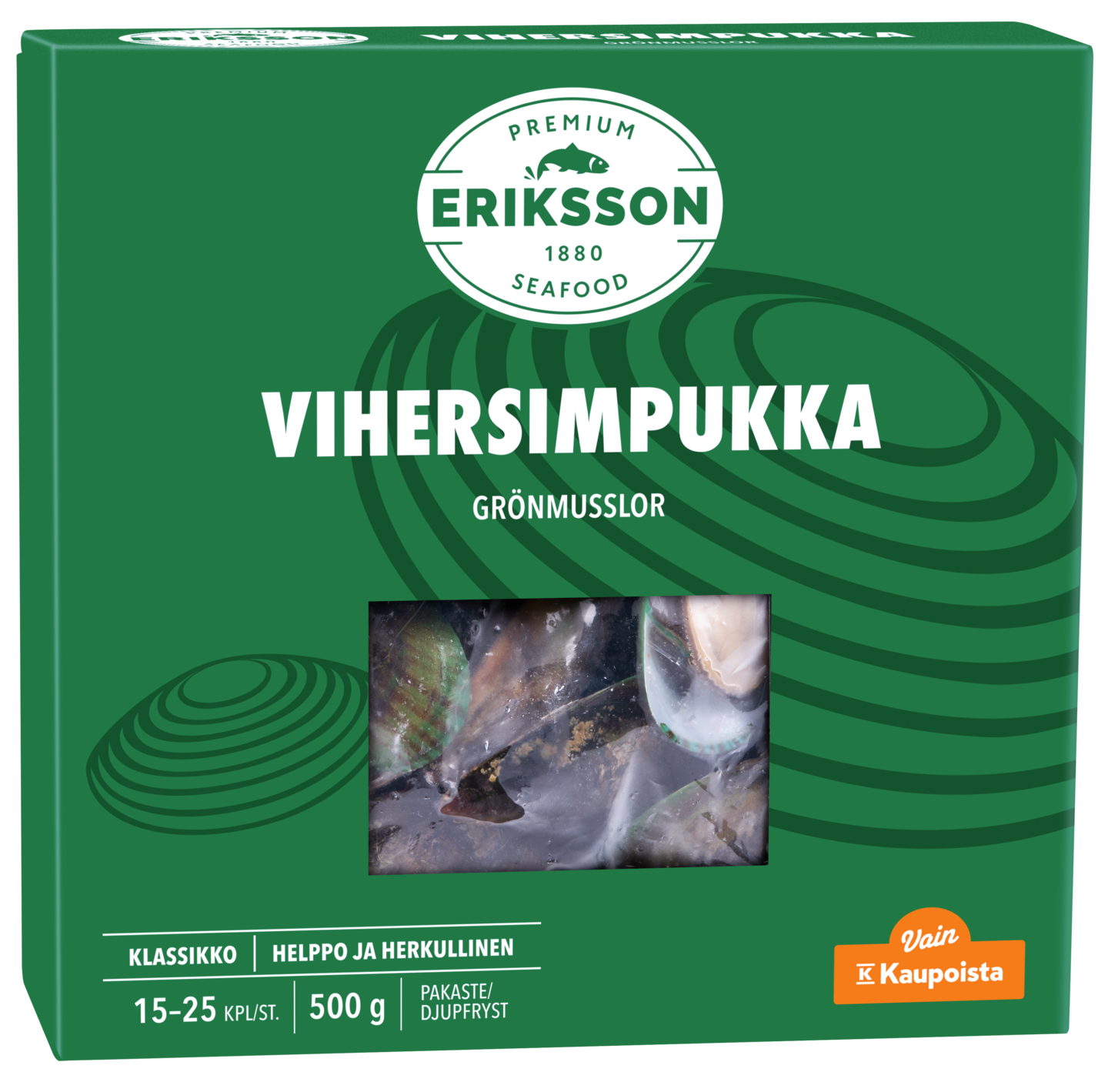 Eriksson Premium Seafood kevyesti esikeitetty vihersimpukka 500g kuorellinen pakaste