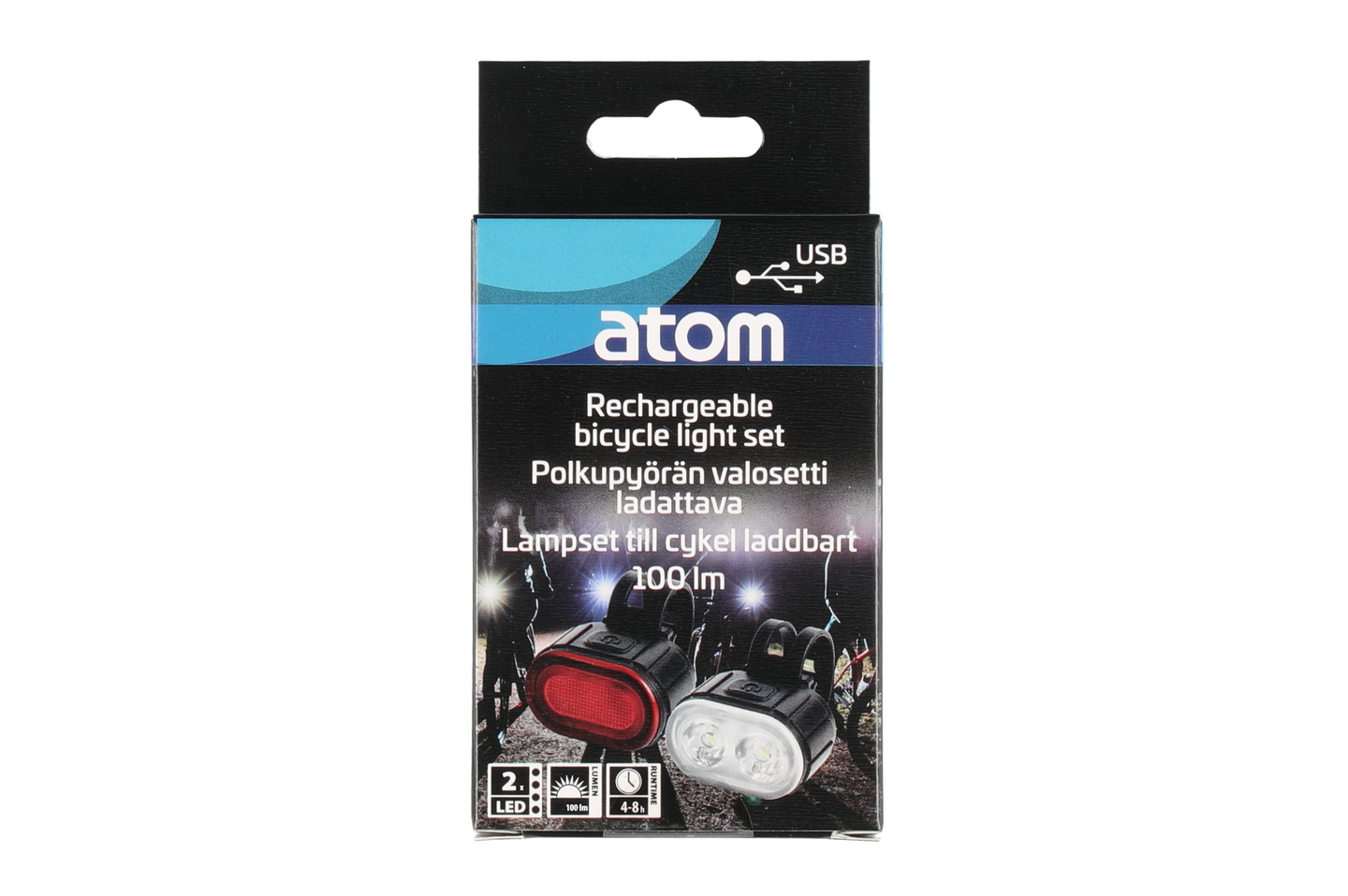 Atom polkupyörän valosetti ladattava ovaali 100lm