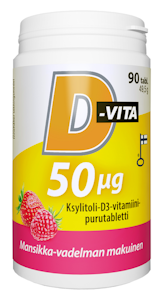 Vitabalans D-Vita 50 µg mansikka-vadelmanmakuinen 90 tabl ksylitoli-D3-vitamiinipurutabletti