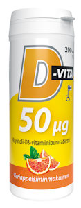 Vitabalans D-Vita 50 µg veriappelsiininmakuinen 200 tabl ksylitoli-D3-vitamiinipurutabletti