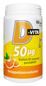 Vitabalans D-Vita 50 µg veriappelsiininmakuinen 90 tabl ksylitoli-D3-vitamiinipurutabletti