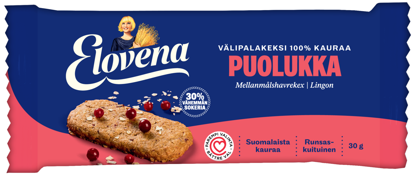 Elovena kaura-puolukka välipalakeksi 100% kauraa 30g