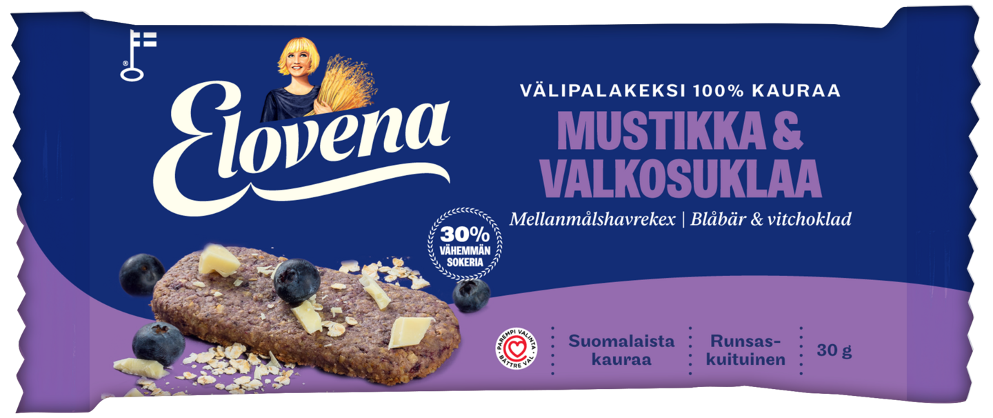 Elovena 100% kauraa välipalakeksi 30g mustikka valkosuklaa