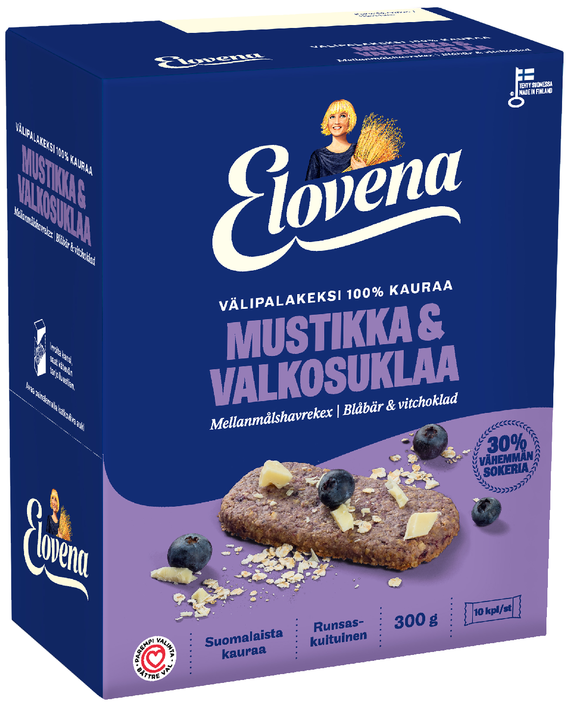 Elovena 100% kauraa välipalakeksi 10x30g mustikka valkosuklaa