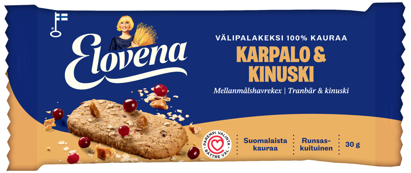 Elovena 100% kauraa välipalakeksi 30g karpalo kinuski