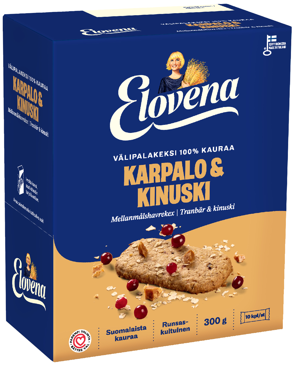 Elovena 100% kauraa välipalakeksi 10x30g karpalo kinuski