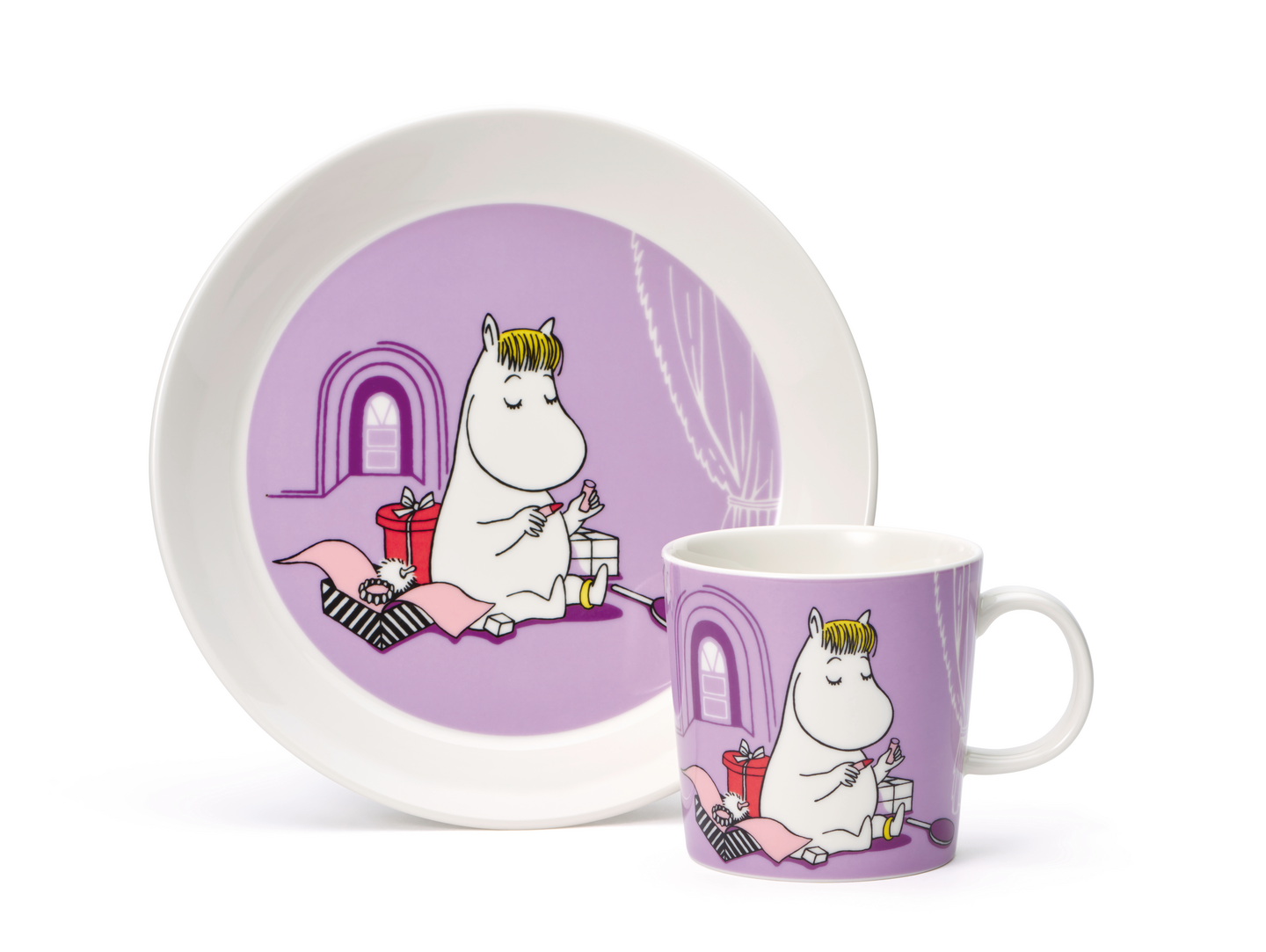 Moomin Arabia setti Muumi muki&lautanen Niiskuneiti liila