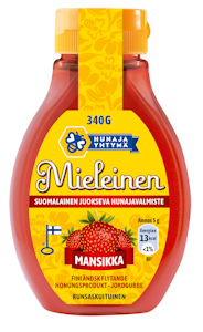 Mieleinen suomalainen juokseva hunajavalmiste mansikka 340g