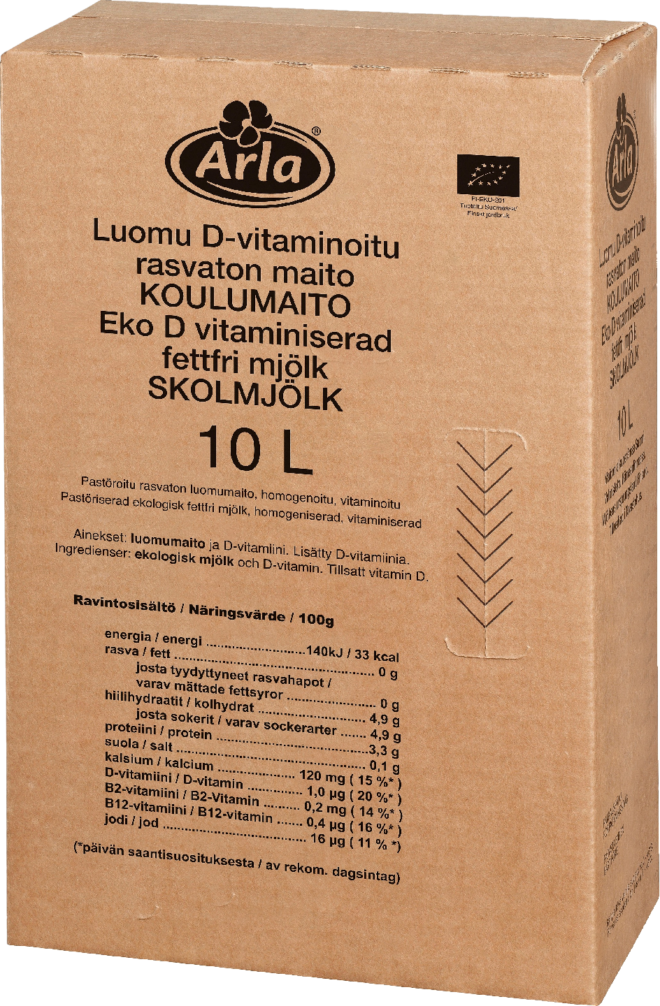Arla Luomu D-vitaminoitu rasvaton maito novobox 10 L