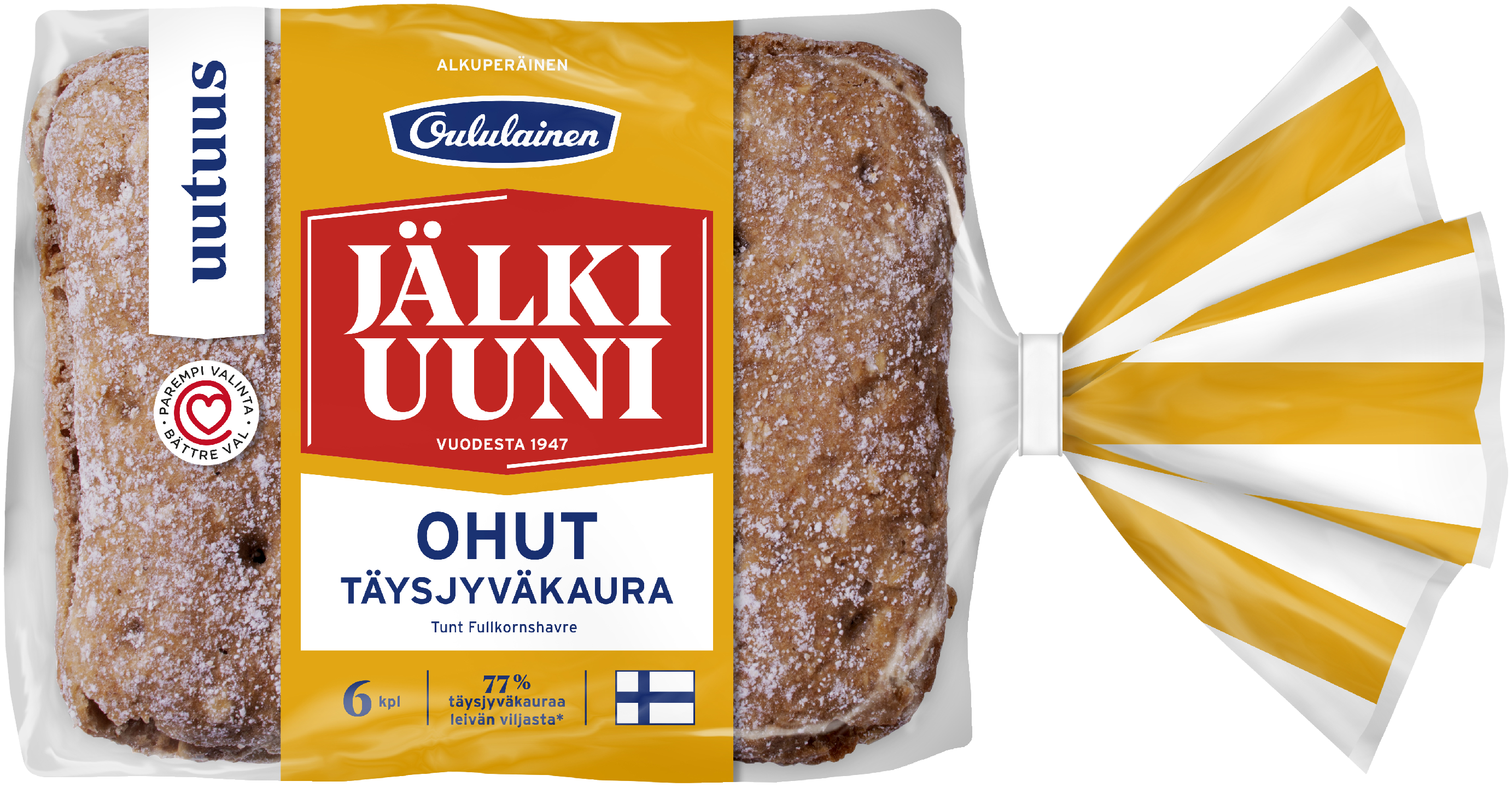Oululainen Jälkiuuni Ohut Täysjyväkaura 6kpl 280g, täysjyväkauraleipä