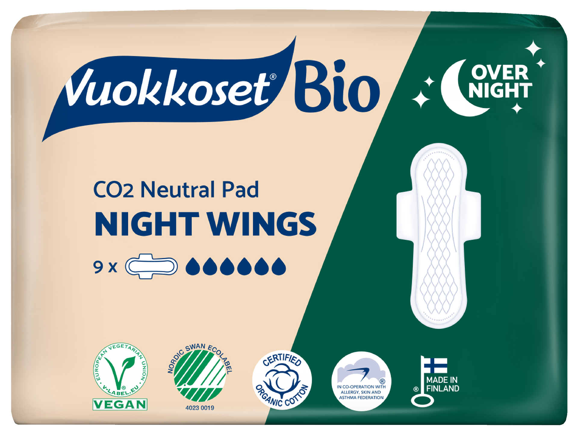 Vuokkoset yöside 9kpl 100%Bio Night Wings