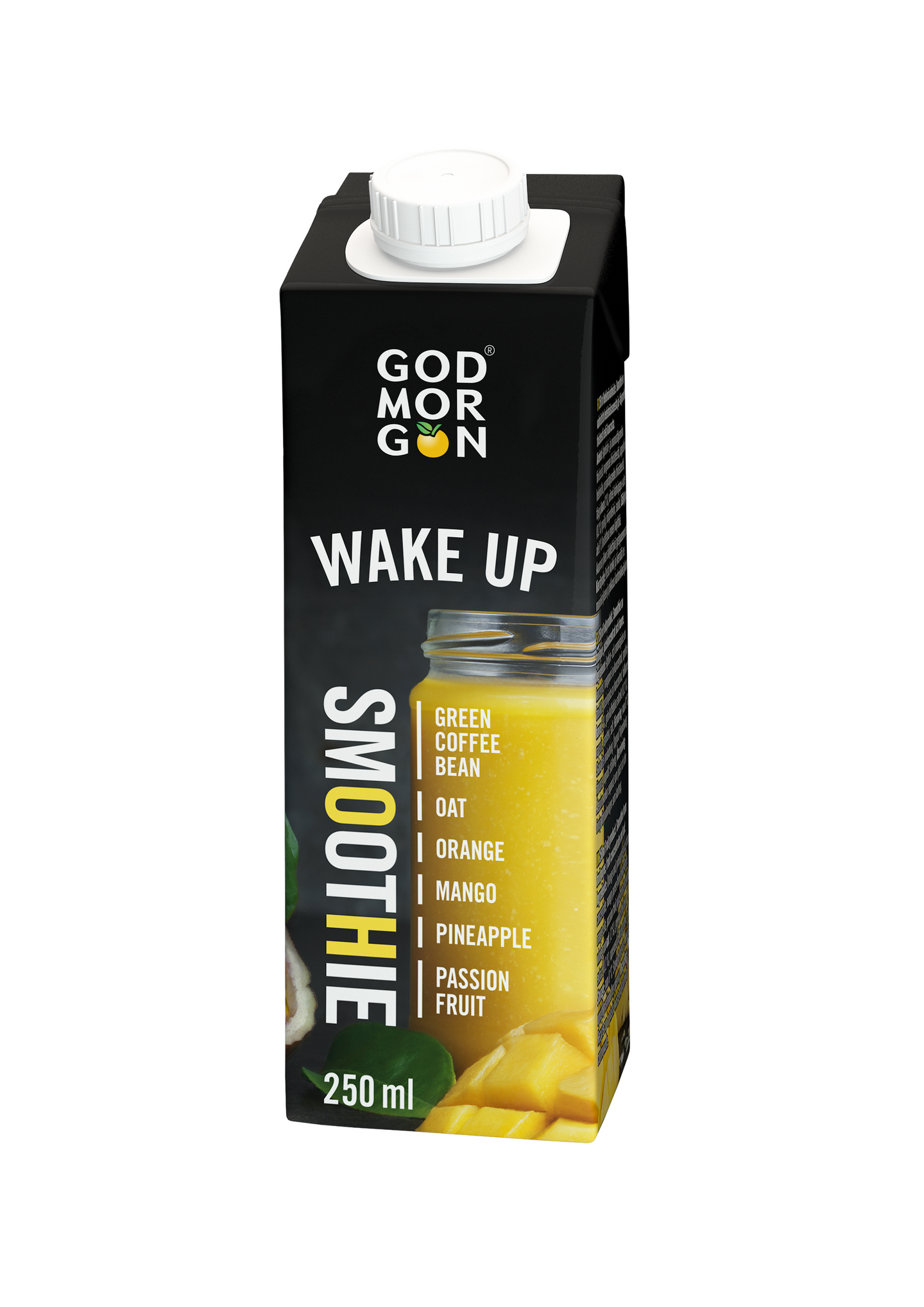 God Morgon Wake Up smoothie vihreä kahvipapu-kaura-appelsiini-mango-ananas-passionhedelmä 250ml