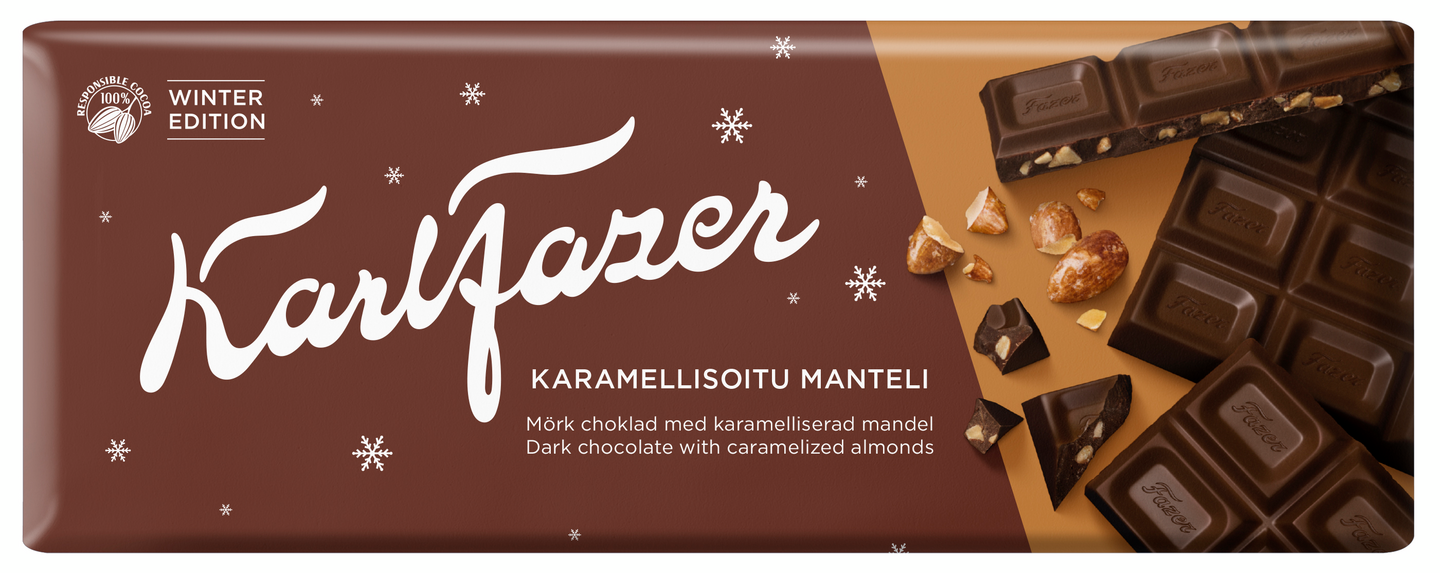 Karl Fazer tumma suklaa Winter Edition 200g karamellisoitu manteli