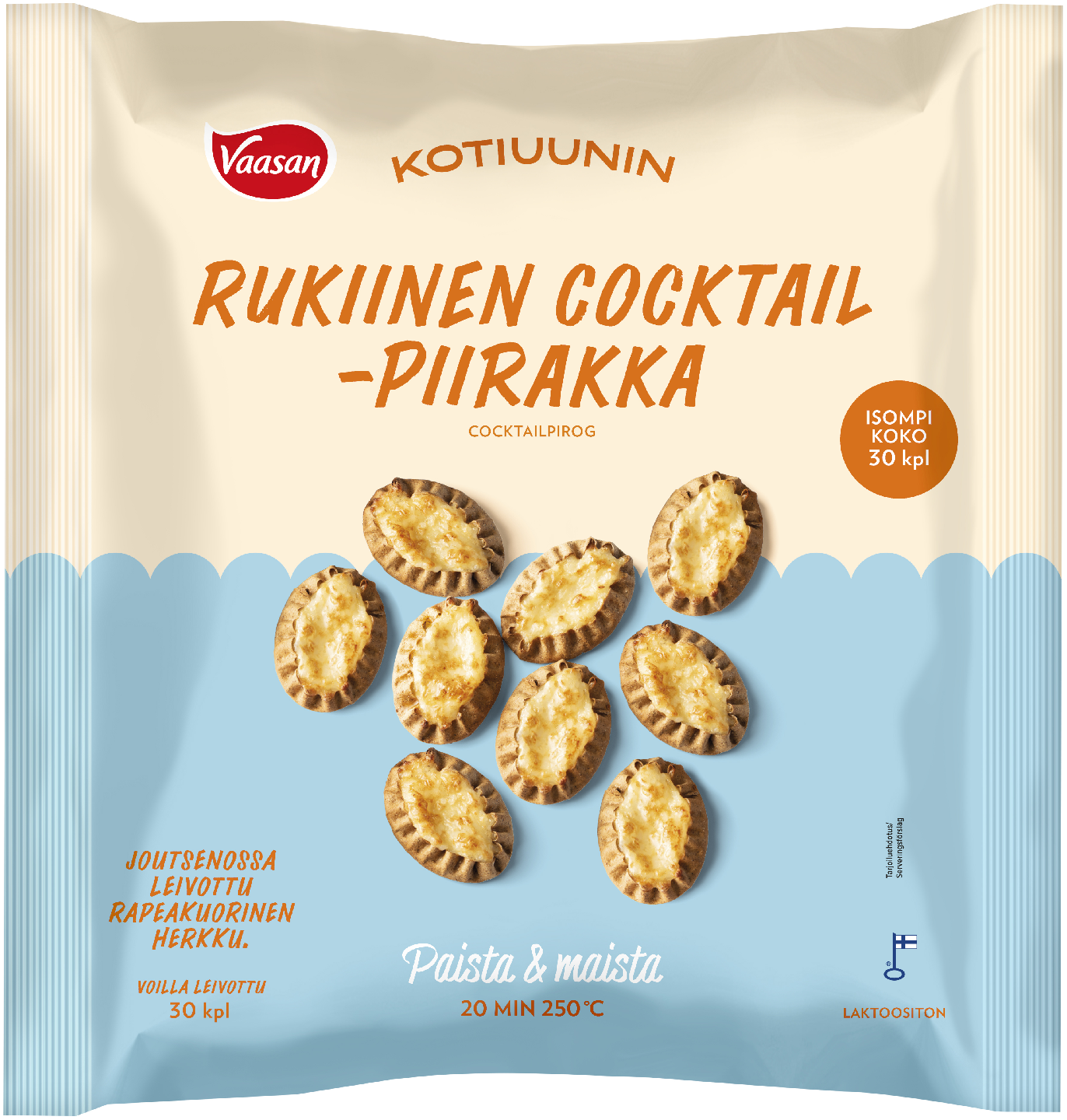 Vaasan Kotiuunin rukiinen cocktailpiirakka 30kpl/40g paistovalmis pakaste