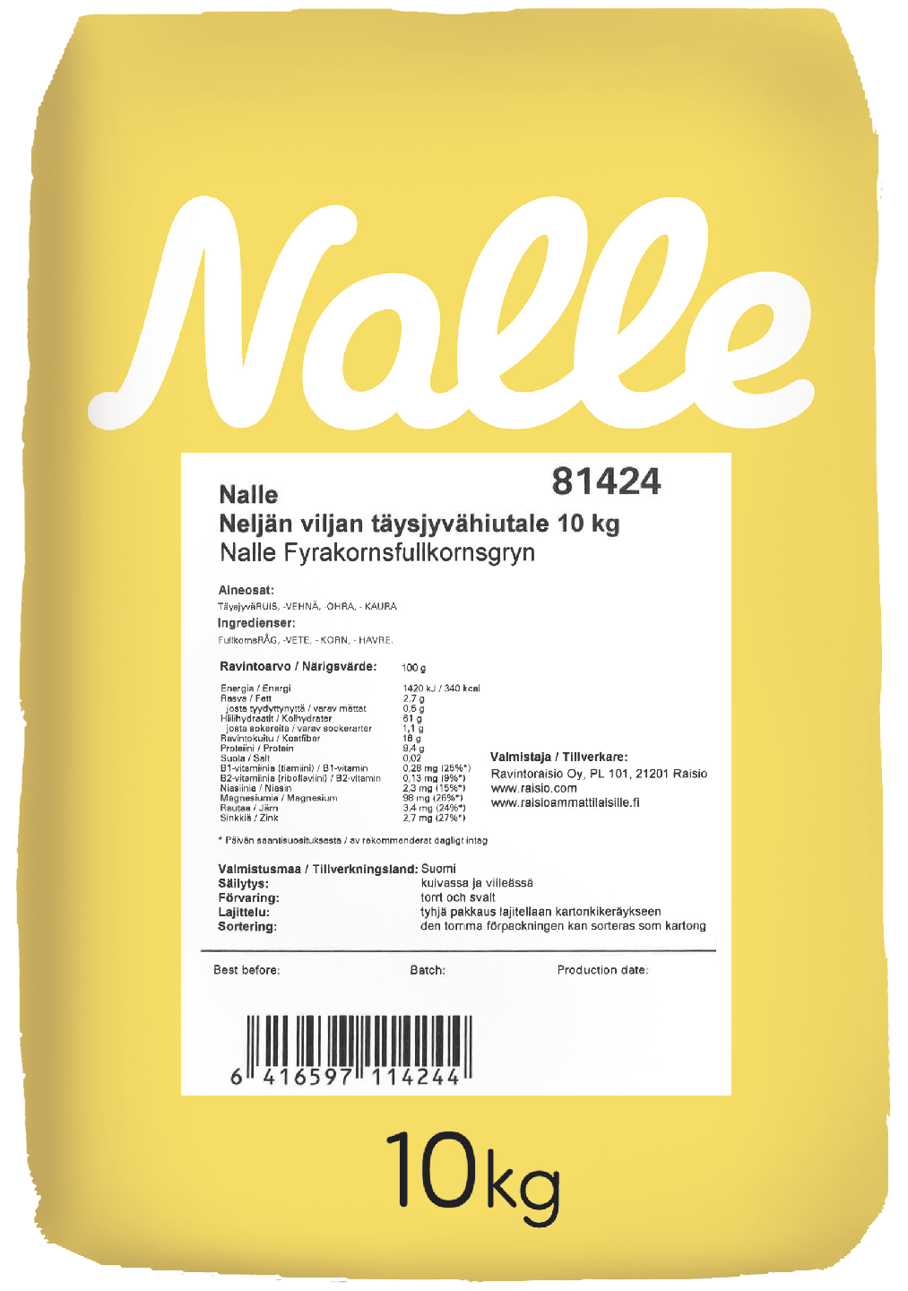 Nalle neljän viljan täysjyvähiutale 10kg