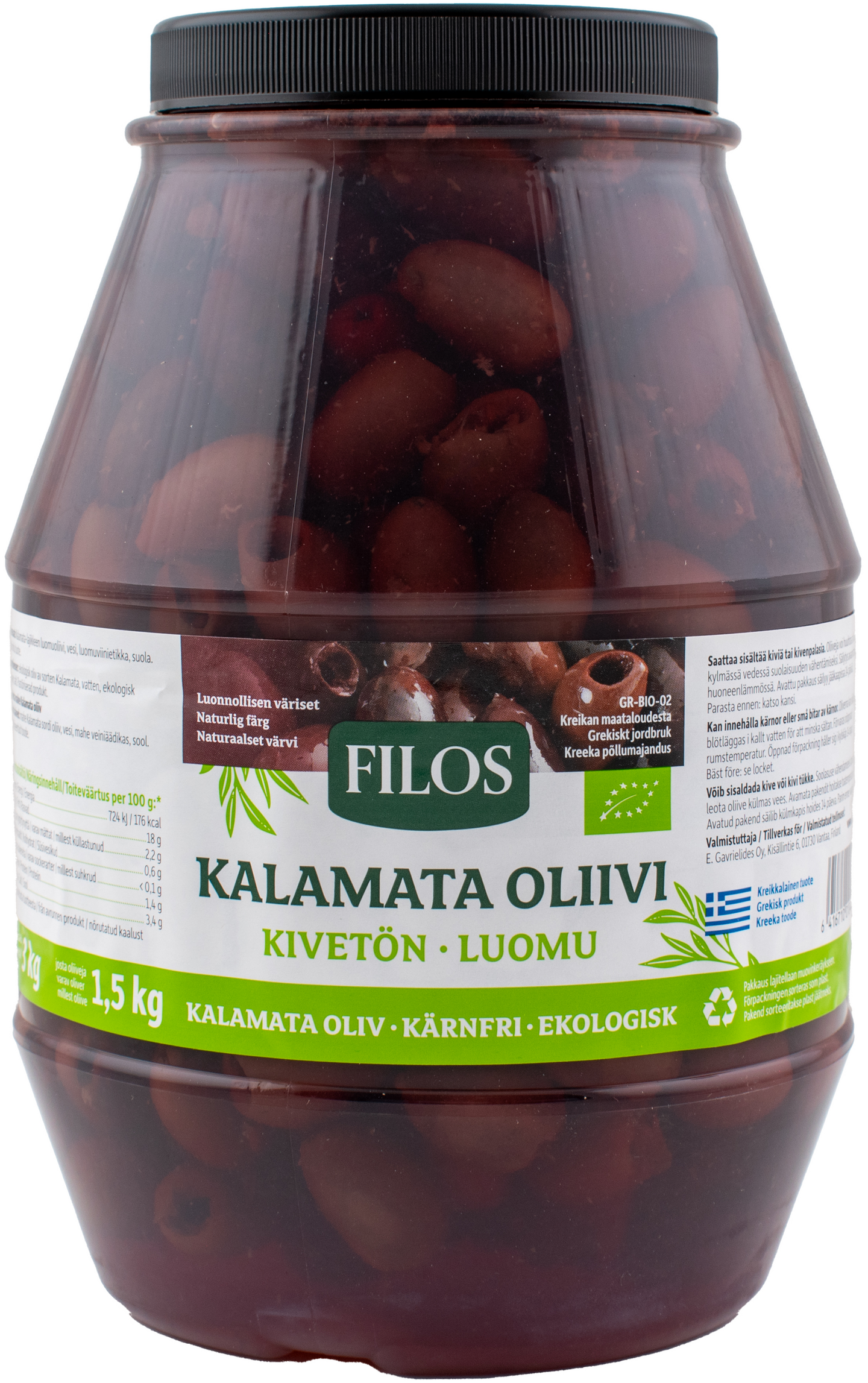 Filos luomu Kalamata-oliivi kivetön 3/1,5 kg