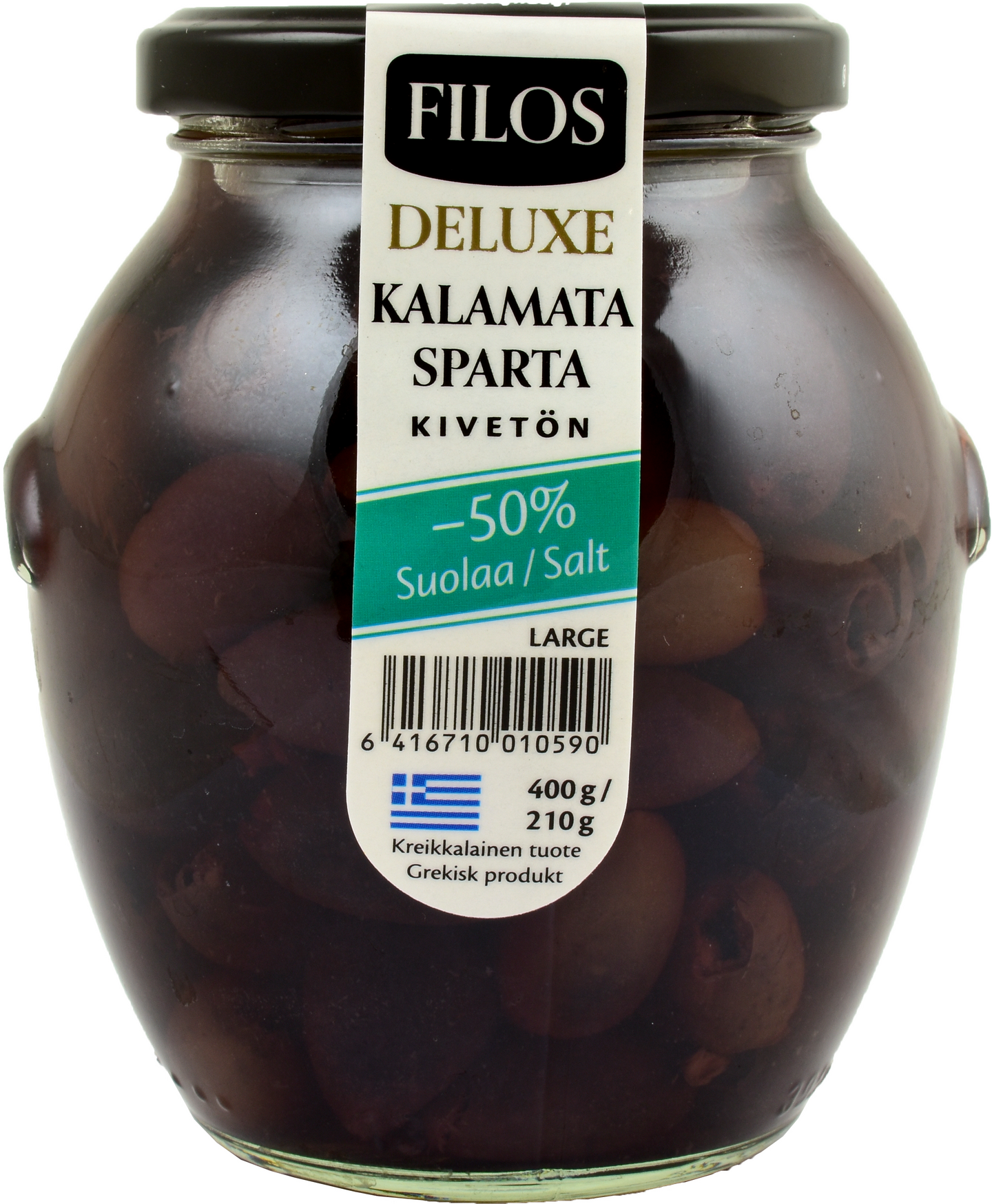 Filos Deluxe Kalamata-oliivi kivetön Sparta Large, -50% suolaa 400g/210g