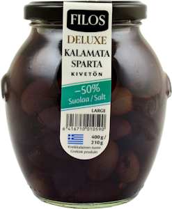 Filos Deluxe Kalamata-oliivi kivetön Sparta Large, -50% suolaa 400g/210g